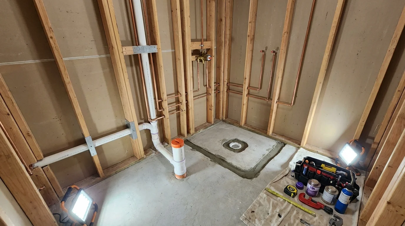 Bathroom rough-in plumbing during remodel by Johns Plumbing LLC in Falls Church