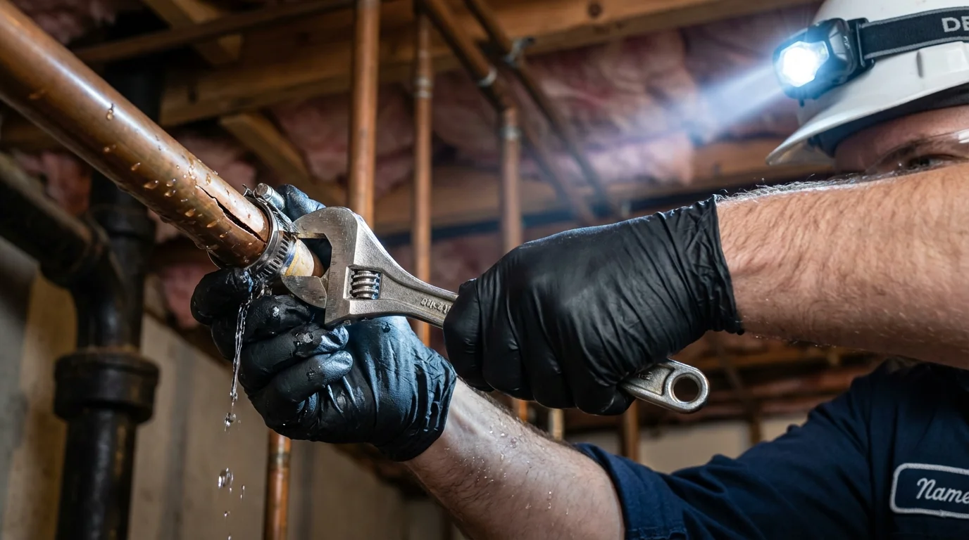 Emergency pipe clamp repair being performed by a Johns Plumbing LLC plumber in Falls Church