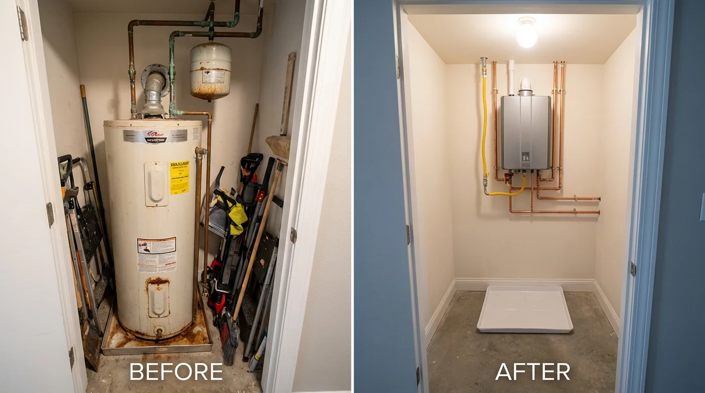 Tank water heater versus wall-mounted tankless unit comparison for Falls Church, VA homeowners