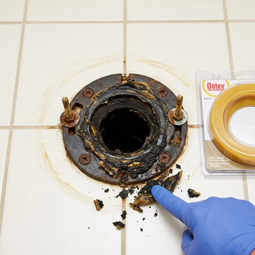 Failed wax ring showing water seepage at the base of a toilet in a Falls Church, VA home