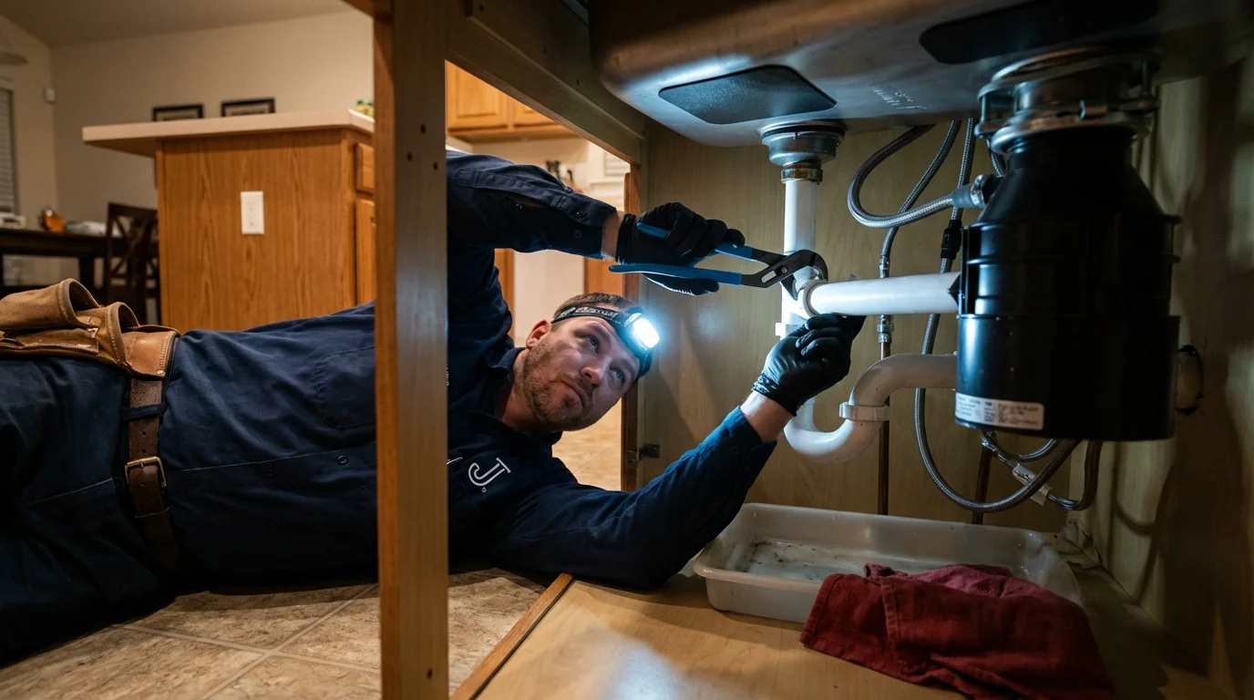 P-trap and supply line connections under a kitchen sink showing a common leak point in Falls Church, VA